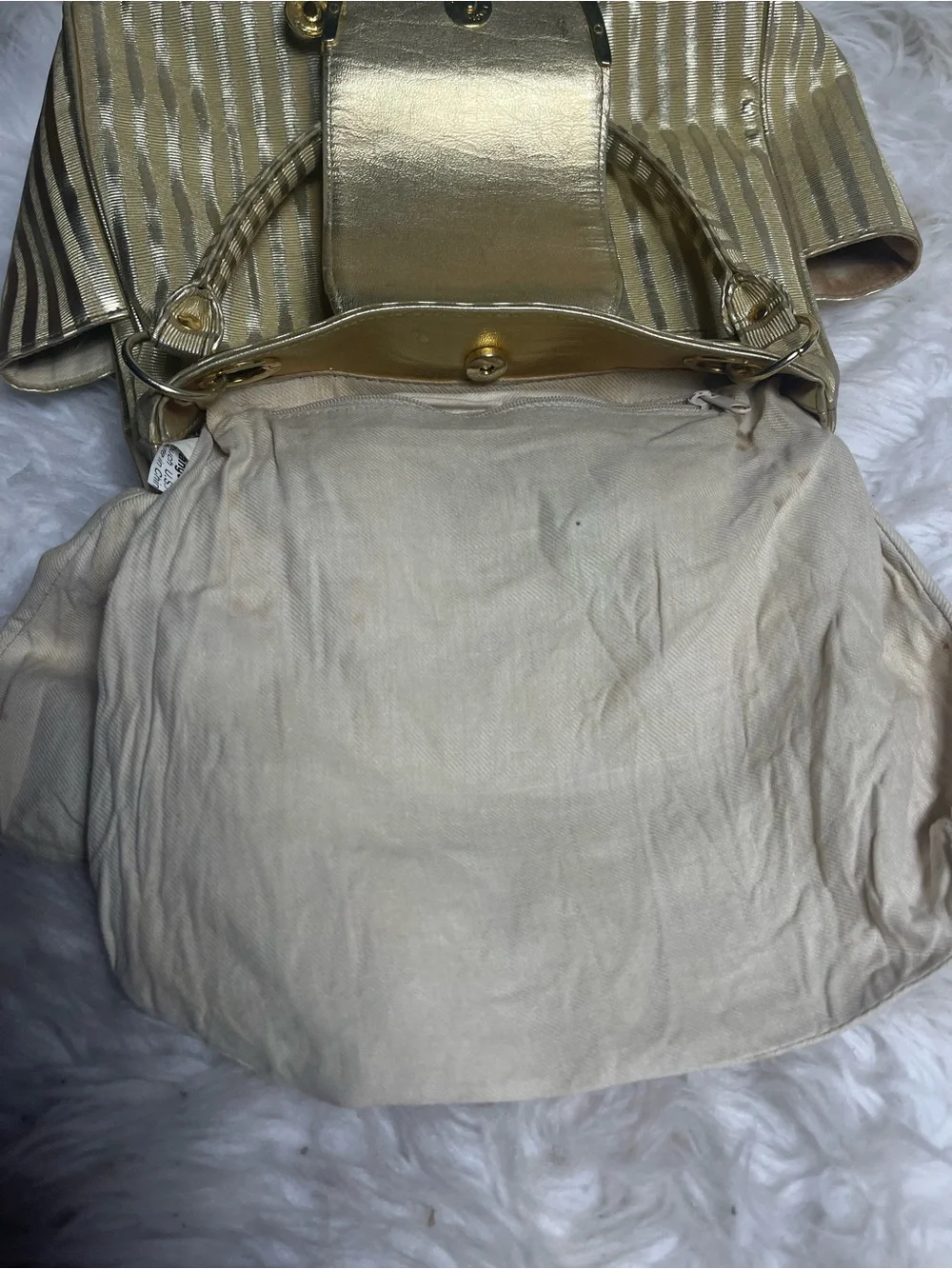 Gold Striped coated fabric Satchel Gold tone Elephant-Embellished